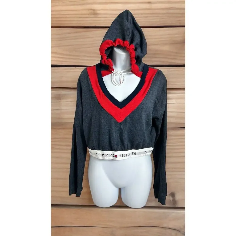 Womens Tommy Hilfiger Retro Cropped Lounge Hoodie Sz Small Sweatshirt V-Neck NEW
